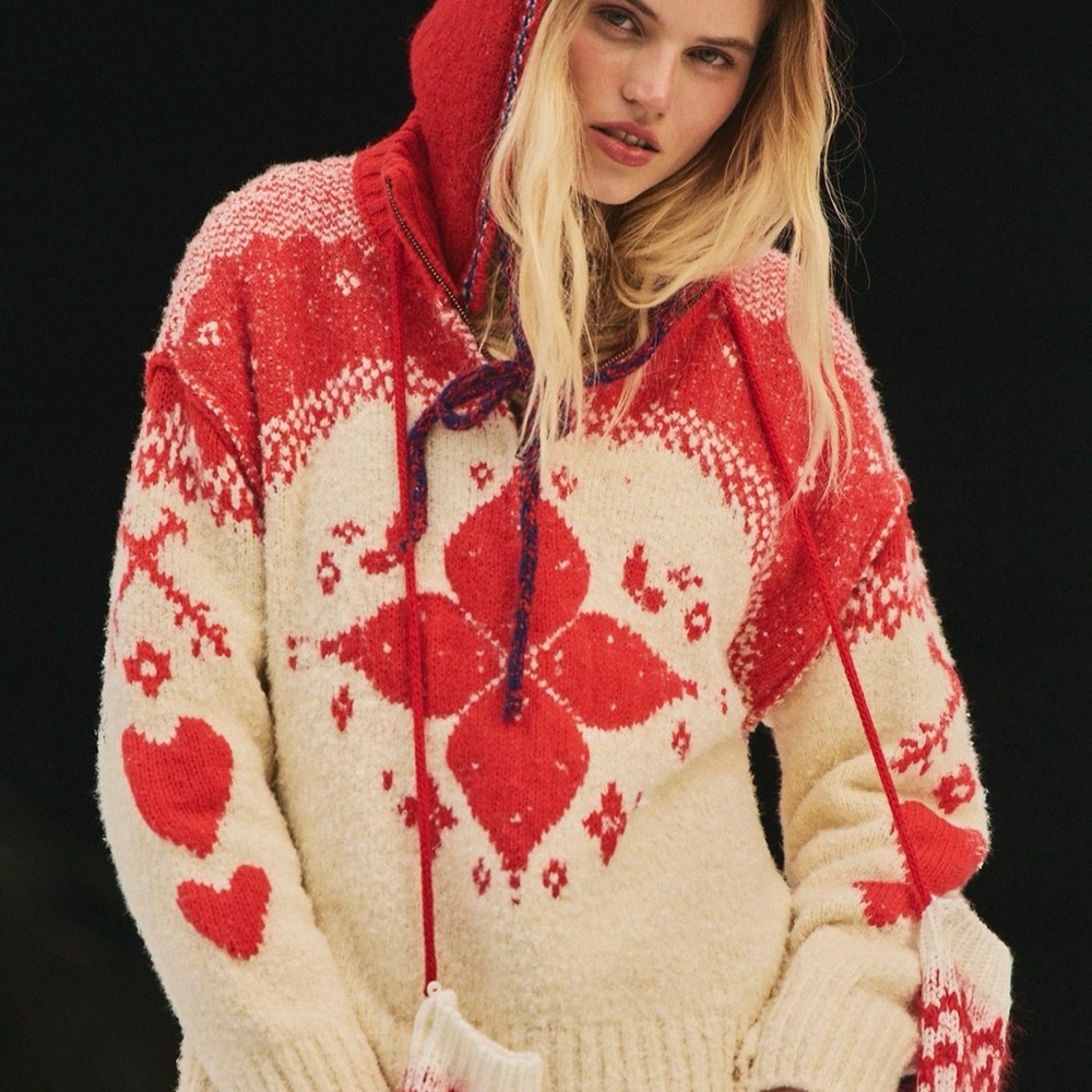 Free People Mythical Knit Sweater Printed Hearts Mix Rib Trim Zip Vanilla Red - Picture 5 of 7